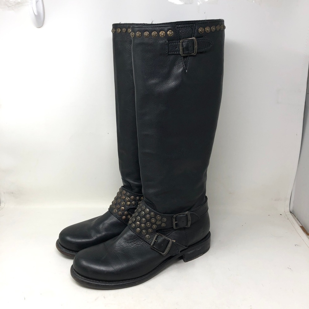 Frye Womens 10 Jenna Studded Harness Tall Boots Black Leather Buckle Moto - Picture 4 of 11